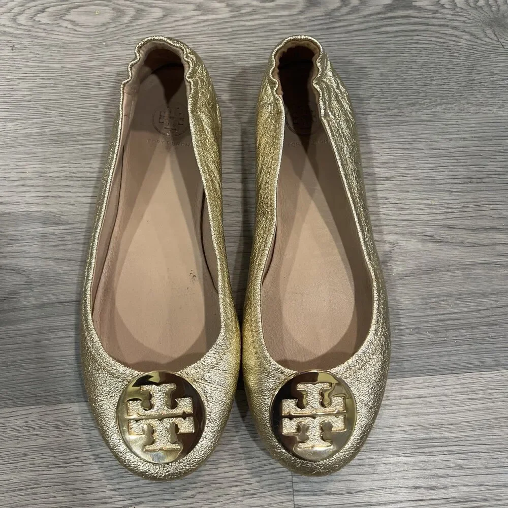 Tory Burch Gold Leather Logo Ballet Flats Womens US 9 M Round Toe Slip On